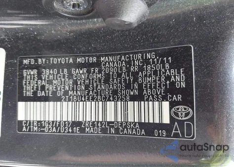 2011 Toyota Corolla S from USA, damaged, VIN 2T1BU4EE2BC743258
